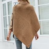 Autumn Winter Button Poncho Women Sweater Oversized Turtleneck Jumper Knitwear Holiday Vintage Cape Batwing Sleeve