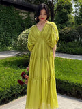 Ruched Midi Dresses For Female V Neck Batwing Sleeve High Waist Loose Summer dress women 2023 Fashion Clothes Style