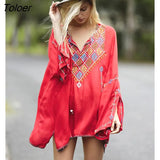 Women T-Shirt Top Sexy Long Sleeve Boho Embroidery Tassel V-neck Hippie Chic Loose Blusas Feminino Tops 2023