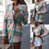 Women Blazers Notched Collar Plaid Coat Pocket Outerwear Long Sleeve Korean Fashion Loose Jackets Spring Office Lady