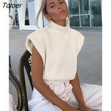 Streetwear Turtleneck Sweater Sleeveless Shoulder Pads Fashion Wram Pullover Office Stretch All-Match Winter Top Women