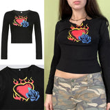 Rockmore Vintage Print T-shirt Women Aesthetic Long Sleeve Crop Top Autumn E Girl Casual Basic Tee Shirt 90s Grunge