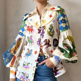 Women's New Temperament Commuting Print Collar Single Buckle Lantern Sleeve Lady Shirt