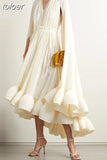 Temperament Dresses For Women Stand Collar Cloak Sleeve High Waist Ruffles Irregular Hem Dress Female Fashion