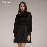 Fashion Stand Collar Satin Women Dresses Autumn Elegant Long Sleeve Backless Mini Dress Casual Sliim Pleated Dress