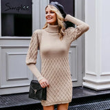 Party Turtleneck long cable knitted women pullover sweater dress Vintage autumn winter lantern sleeve female outwear