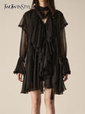 Loose Black Two Piece Set Women V Neck Long Sleeve Mini Dress With Sheer Mesh Shirts Solid Sets Female Clothing