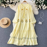 Women Summer Bohemian Casual Loose Midi Dresses Flower Embroidery White Color Zaful Boho Street Vestidos Elbise Traf