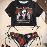 2022 New Set Board Single Rose Print Rope Split Bikini
