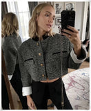 Gray Woolen Tweed White Cuff Crop Jacket Coat Single Breasted Office Ladies Autumn Winter Casual Outwear 2022 Za Women