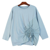 Women Spliced Pleated Loose Fit T-shirt New Round Neck Long Sleeve Fashion Tide All-match Spring Autumn 2023