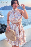 MODA 2023 Summer Women Printed Halter Sleeveless Mini Dress Ladies Belted Bow Decoration Dresses Female Resort Style
