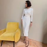 Graduation party Moarcho Sexy O-Neck Bodycon Dress Women Long Sleeve High Waist Pencil Knee-Length Dress New Fashion Party Office