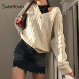 Sweetown Autumn Winter 2021 Knitted Pullovers Solid Preppy Style V Neck Lantern Sleeve Sweaters For Women Fashion Casual