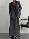 Fashion Women's Notched Collar Spliced Diagonal Buckle Striped Blazer Loose High Waist Grey Skirt Spring 2023 New