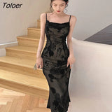 Women Evening Dress Retro Camisole Black Floral Slim Fishtail Midi Party Club Gown Robe Femme Sexy Mujer Vestidos