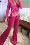 Y2k Velvet Tracksuit Two Piece Set Women Pink Green Cropped Jacket Sweat Pants and Hoodie Set for Woman