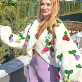 Bohemian Women Cardigan Tops three-dimensional Pattern Hand knitted Sweater V-Neck Puff Sleeve Loose Winter Sweaters