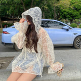 Mujer De Moda 2023 Women's Clothing See Throught Long Sleee Lace Blouses Tops Korean Fashion Hooded Sexy Y2k Shirts