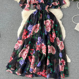 V-Neck Print Chiffon Dress Women's Waist Thin Temperament Lotus Leaf Side Short Sleeves To Close The First Love Fairy