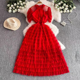 Niche Elegant Dress Women's High-End Lace Short Sleeves To Show Thin Multi-Layer Pongeist Long