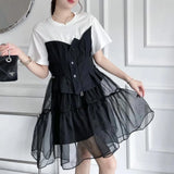 TWOTWINSTYLE Casual Patchwork Fake Two Piece Dress For Women Round Neck Short Sleeve High Waist Summer Dresses Female