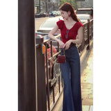 Atmosphere Feeling Hong Kong Style Wearing Red V-Neck Repair Short-Sleeved T-Shirt With Temperament Micro-Tipped Jeans Women Two