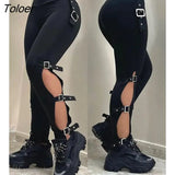 Women High Waist Skinny Pants Fashion Buckle Cutout Hip Lift Long Pants Black Slim
