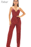 Women Sexy V Neck Sequins Long Sleeve Casual Belt Overalls Female High Waist Playsuit Elegant Ladies Party Club
