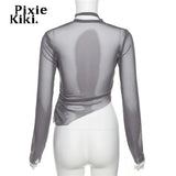 Asymmetric Square Neck Long Sleeved Tops Y2k Streetwear Hollow Out Mesh See Through Sexy T Shirts Women