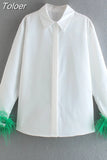 MODA Women Cuff Stitching Green Furry White Shirt Ladies Elegant Commuter Patchwork Blouse Vintage Loose Female Chic
