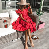 color Dress O Neck Casual Women Dress Lantern Short Sleeve Ladies Elegant Summer