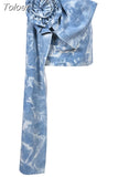 Fashion Women's Skirt High Waist Three-dimensional Rose Flower Asymmetric Blue Denim Short Skirts Summer 2023 New