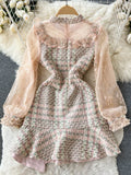 Runway Autumn Pearls Mesh Patchwork Tweed Dress Women's Long Sleeve Gorgeous Flower Embroidery Elegant Mermaid