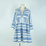 Europe and The United States New Loose V-neck Print Dress Holiday Vacation Geometric Striped Casual Beach Dress