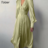 White Single Breasted Elegant Dress For Women Party Robe High Waist Satin Long Dress Chic Midi Dresses Lantern Sleeve