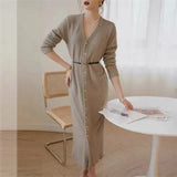 Women Autumn V-Neck Knitted Dress Solid Sweater Dresses Single-Breasted Waistbelt Long Sweater