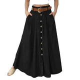 Maxi Skirts Fashion Women Elegant Button High Waist Midi Skirt Female Big Hem Casual Flare Pocket Button Long