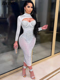 Hot Drill Mesh Spliced Party Dress Female Hollow Front Cleavage Long Sleeve Vestidos Luxury Nightclub Partywear
