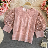 Women Blouses O-neck Puff Sleeve Crochet Floral Shirts Chic Hollow Out Blouse Lace Sweet Temperament Tops