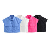 New Four-Color Sleeveless Pocket Short Blouse-Outfit