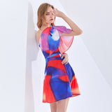 Sexy Print Tie Dye Dress For Women Asymmetrical Collar Short Sleeve High Waist Hit Color Dresses Female Fashion