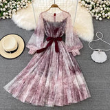 Sexy Mesh Printed Dress Women Spring Autumn Round Neck Puff Long Sleeve Ink Pattern A-Line Big Swing Vestidos Female 2022