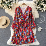 Autumn Women Floral Draped Mini Dress Bohemian Female V-Neck Puff Long Sleeve High Waist Bandage Pleated Vestido Female Robe