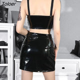 PU Leather Spaghetti Strap Front Buckle Hollow Out Y2K Gothic Crop Top Sexy T-shirt Women Rock Punk Street