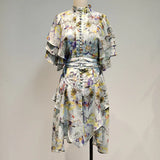 TWOTWINSTYLE Print Hit Color Women's Dress Stand Collar Flare Sleeve High Waist Asymmetrical Dresses Female 2021 Fashion