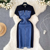 Net Red New Niche Round Collar Short Sleeve Splicing Denim Dress Women Senior Feel Waist-Wear Two Long