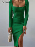 Women Square Collar Split Knitted Dress Slim Sexy High Waist Long Sleeve Lady Pencil Dresses 2022 Autumn Winter Party Lady