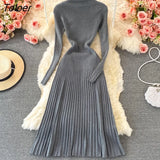 Women Pleated Knitted Dress Turtleneck Long Sleeve Elastic Slim Pencil Dress Autumn Winter Sexy Bodycon Sweater