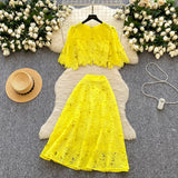 High-End Squeal Hook Lace Set Women's Summer Fashion Short Horn Sleeve Shirt High Waist